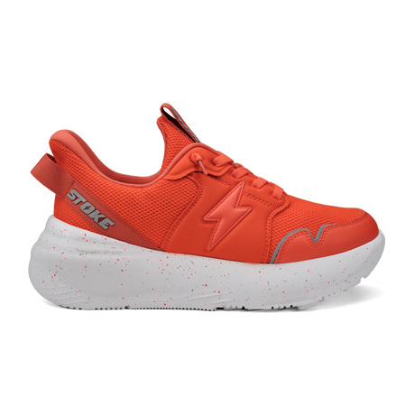 Orange athletic shoe with a visible brand logo on a white background