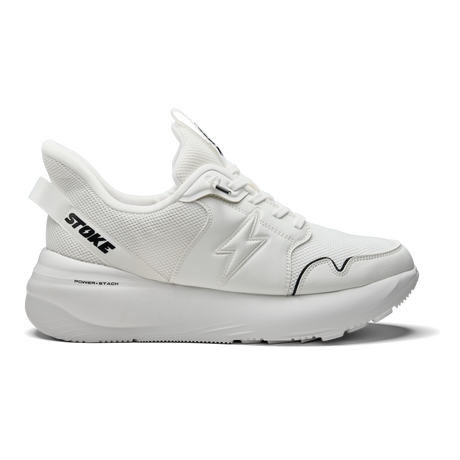 White athletic shoe with brand logo on a white background