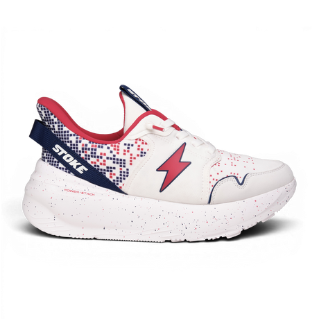 White sneaker with red lightning bolt and blue accents on a white background