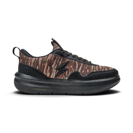 Camouflage  sneaker with gray accents on a black background