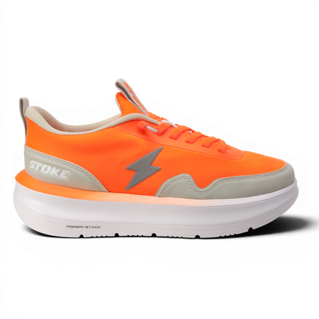 Orange sneaker with gray accents on a white background